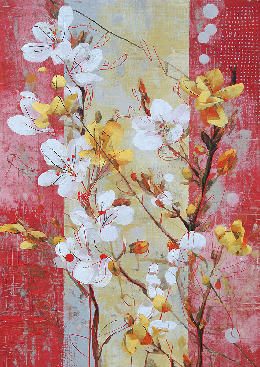 Elegant cherry blossom style flower artwork featuring delicate blooms on a vibrant red and yellow background.